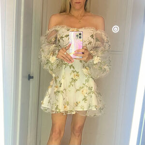 Sugar Thrillz Multiple Proposals White Green Floral Sheer Sleeve Mini Dress XS